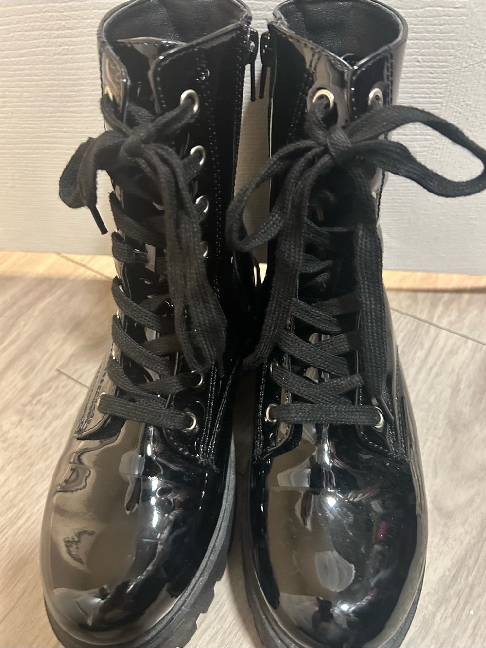 Olivia Miller Black Patent Lace-Up Combat Boots